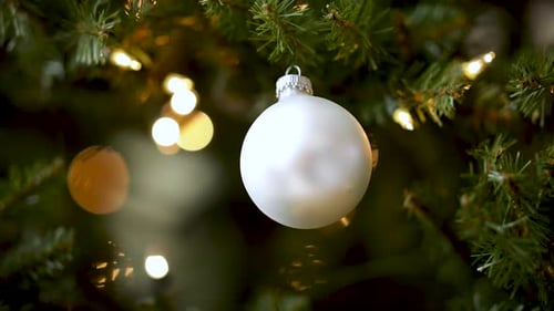 White Christmas Ornament Hanging on Tree Close Up