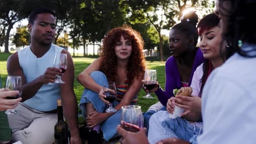 Group of diverse people having fun at garden party. Happy friends eat food and drink wine in picnic
