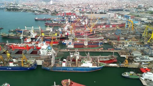 Istanbul, Turkey circa 2023: ships at the Cindemir shipyard fly-back shot