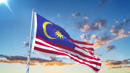 Realistic Malaysia Flag Waving Animation on Sunny Sky