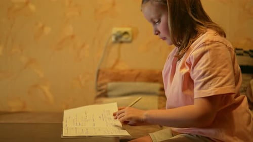 Caucasian School Girl is Doing Her Homework Writing in Copybook Sitting at the Desk