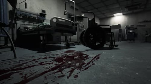 Eerie Hospital Room with Bloodstains on the Floor and Empty Medical Equipment