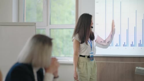 Seminário de negócios com economista profissional ou analista financeiro. Mulher fala por especialistas