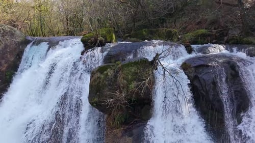 Fervenza Da Noveira, Scenic Waterfall In The Province Of A Coruna, Galicia, Spain. Zoom In Shot