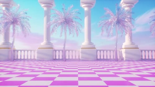 Surreal Pink Terrace with Palm Trees Motion Background