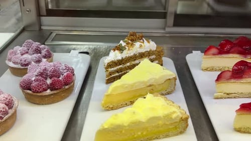 A Showcase with Fresh Cakes and Desserts in a Cafe