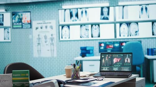 Empty Medical Office Equipped with Diagnostic Tools and Blood Pressure Monitor