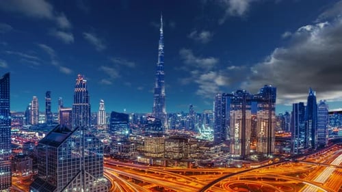 Dubai by night, skyline, cityscape night view, skyscrapers, buildings, Burj khalifa hotel, timelapse