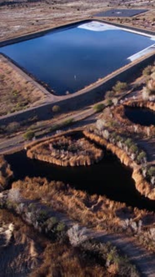 Vertical Drone Shot of Sedona Wetlands Arizona USA Preserve Wastewater Treatment Plant, Ponds and La