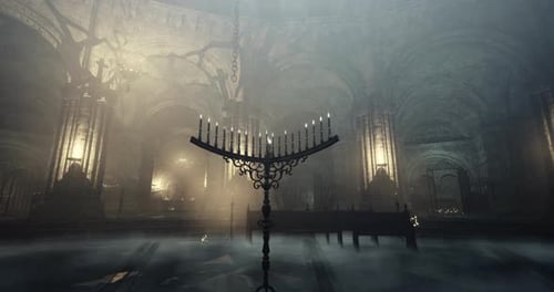 Hanukkah Menorah with Candles in Mystical Ancient Cathedral