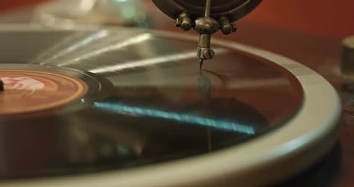 Vintage Record Player Spinning Vinyl Record Close-Up