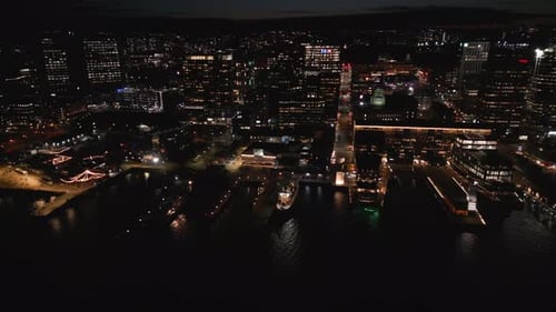 Filmmusik Drohnenaufnahme der Nacht im Financial District in der Innenstadt von Halifax