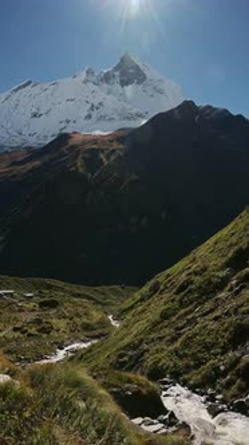 Vertical River and Snowcapped Mountains Landscape, Vertical Video for Social Media Instagram Reels a