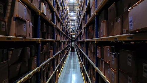 Shelves of an industrial warehouse. Aerial shot.