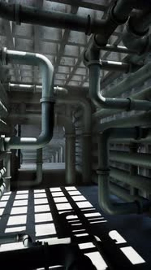 Intricate Maze of Pipes in a Dimly Lit Industrial Space Revealing Shadows
