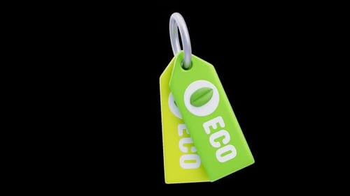 3D Green Eco Tag Animation with Rotating Leaf Symbol