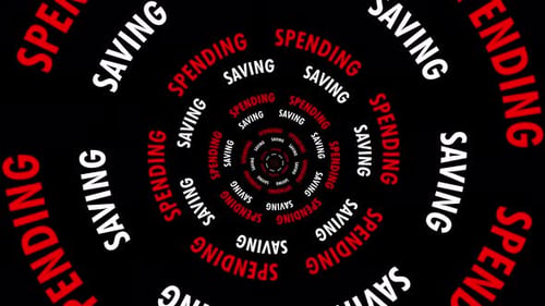 Infinite tunnel of words Spending and Saving looping on a black background