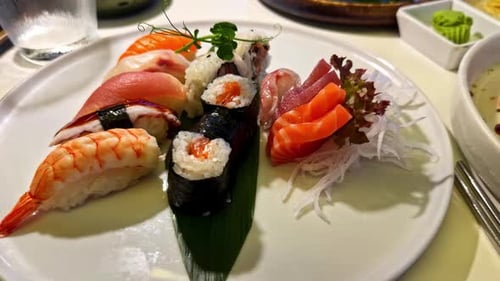 Various pieces of gourmet sushi served on a plate. Close up