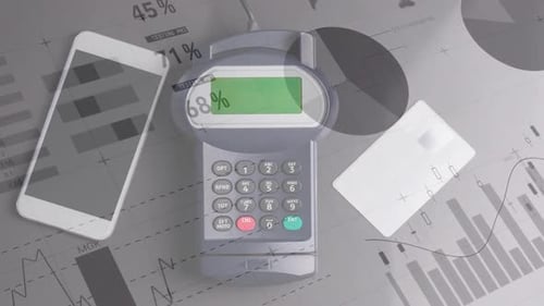Animation of financial data processing over credit card terminal smartphone and credit card