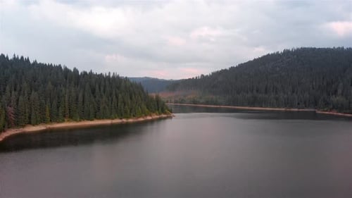 Aerial Footage of Large Lake and mountains surrounded by Pine Forest