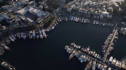 Aerial View on Summer Town Buildings and Boats or Yachts on Sea Water in Harbor