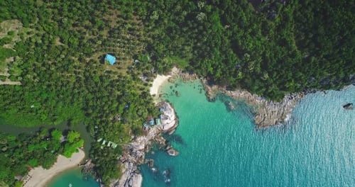 Tropical Island Coastline with Turquoise Water White Sand Beach Meeting Lush Green Jungle Vegetation