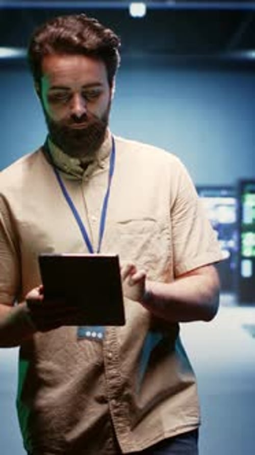 Man Inspecting Servers With Tablet in Data Center