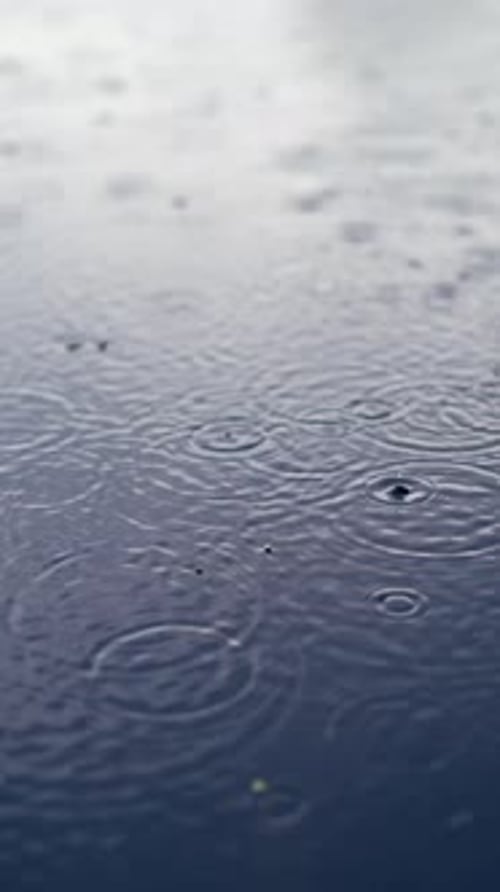 Many drops of rain are falling into the blue water outdoors. Vertical video