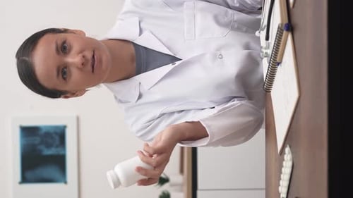 Woman Doctor Holding Pills Bottle in Office