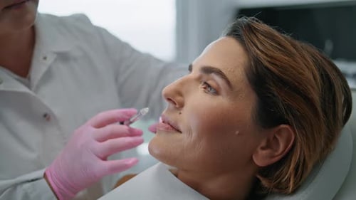 Professional Beautician Injecting Woman Face for Biorevitalization in Cosmetology Clinic Close Up