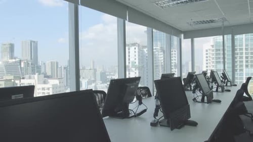 Fresh And Modern Corporate Office Space - Desk And Chairs Window Side