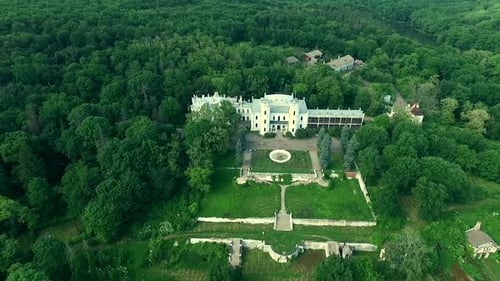 Beautiful View on White Swan Palace and Yard in Sharivka Park Kharkiv Region