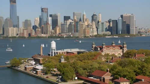 Ellis island and the New York City skyline a symbol of freedom and immigration
