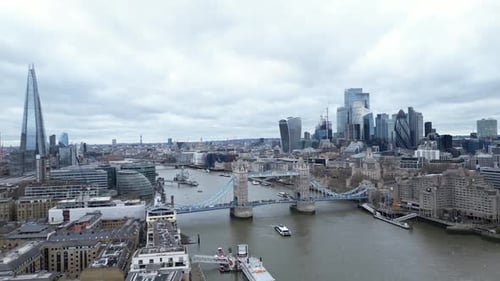 Aerial View of London Skyline and Tower Bridge