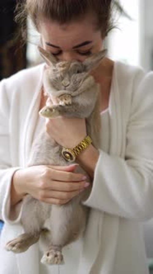 Woman Holds Cute Rabbit Smiling Indoors