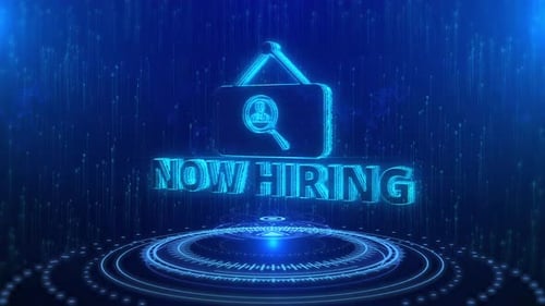 NOW HIRING Text Cyberspace Future Digital Technology Hologram Concept