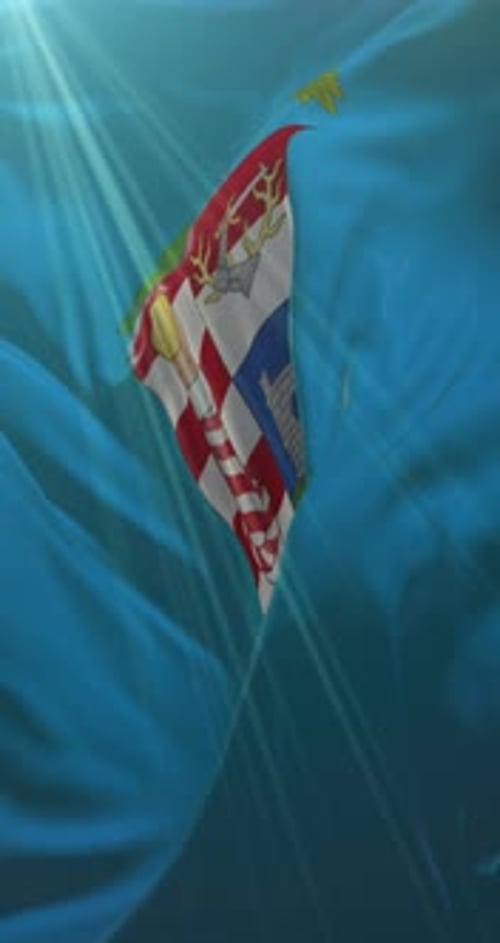 Realistic Waving Flag with Coat of Arms on Blue Background