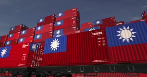 Taiwan export containers on cargo train wagons loop