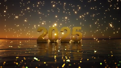 Happy New Year 2025 Golden Numbers on Reflective Water
