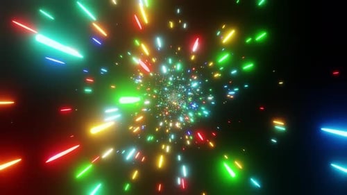 Bewegung von Partikeln mit Lichtgeschwindigkeit durch den Raum, ein Tunnel aus bunten Partikeln vj loop