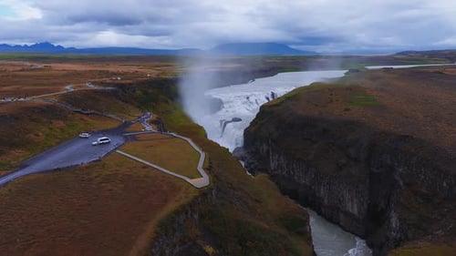 Aerial View of Gullfoss Waterfall and Canyon in Southwestern Iceland