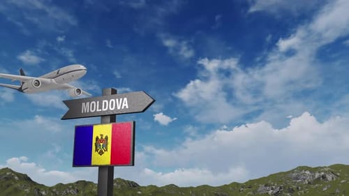Airplane Flyby Moldova Travel Destination Sign Animation