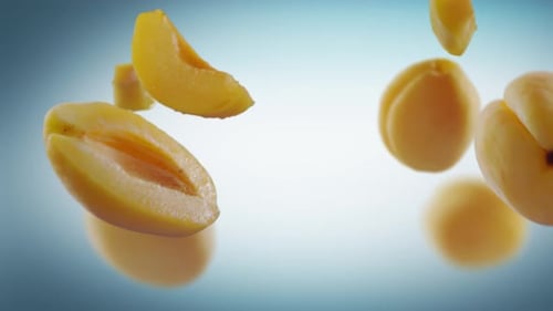 Flying Apricot and Apricots Slices in Cyan Background