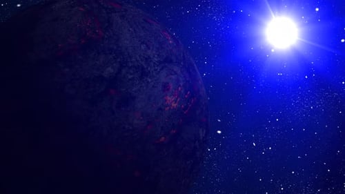Fantastischer Sonnenaufgang über dem Lavaplaneten, Animation des Planeten Lava, Rotation des Globus. 2536