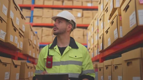Front view Caucasian warehouse worker man hold tablet and walk along between shelves and check stock