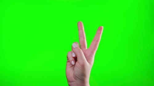 A Female Hand Showing the Peace or Victory Gesture Isolated on Green Background