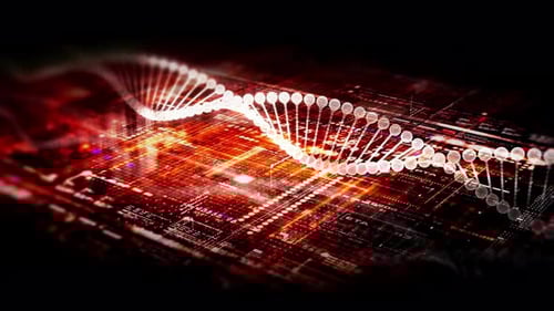 Futuristic DNA Helix Animation with Digital Circuit Background