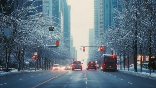 Snowfall Slow Motion Snowy City Street in Downtown with Bright Red Traffic Lights Cars and Bus with