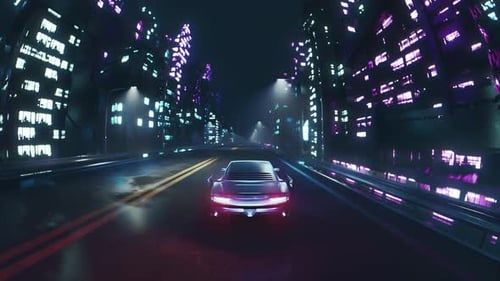Loop Car Driving on the City Streets at Night with Neon Lights and in a Cyberpunk Style