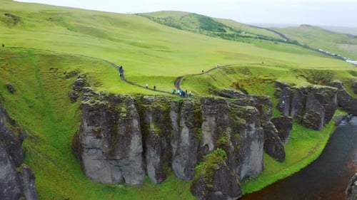 The Majestic Canyon Fjaðrárgljúfur In Iceland - aerial drone shot